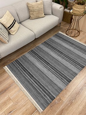 Kilim Home Cotton Serisi Siyah Gri Tonlarında Örgü Eskitme Desenli Dekoratif Dokuma Taban Kilim