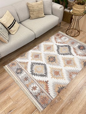 Kilim Home Cotton Serisi Ekitme Kahve Tonlarında Otantik Naturel Desen Dekoratif Dokuma Taban Kilim
