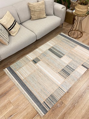 Kilim Home Cotton Serisi Hasır Görümlü Pachwork Eskitme Desenli  Dekoratif Dokuma Taban Kilim