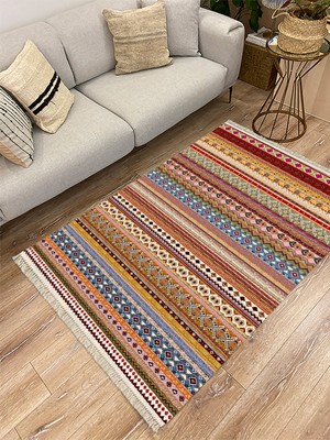 Kilim Home Cotton Serisi Multy Tonlarında Antika Esitme Desenli Dekoratif Dokuma Taban Kilim