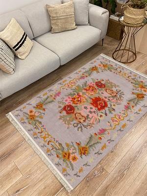 Kilim Home Cotton Serisi Kırmızı Çiçekli Bordürlü Gri Taban  Otantik  Dekoratif Dokuma Taban Kilim