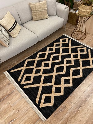 Kilim Home Cotton Serisi Siyah ve Hasır Görünümlü Otantik Etnik Desenli Dekoratif Dokuma Taban Kilim