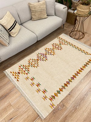 Kilim Home Cotton Serisi Multy Tonlarında Hasır Görünümlü Geometrik Eskitme Desen Dekoratif Dokuma Taban Kilim