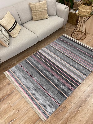 Kilim Home Cotton Serisi Multy Tonlarında Baklava ve Düz Çizgili Eskitme Desen Dekoratif Dokuma Taban Kilim