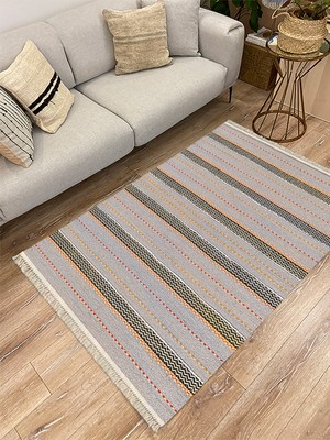 Kilim Home Cotton Serisi Gri Tonlarında Düz Çıtır Çizgili Multy Ponponlu   Dekoratif Dokuma Taban Kilim