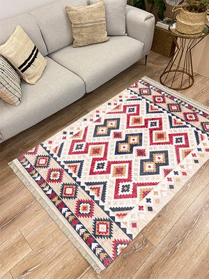 Kilim Home Cotton Serisi Multy Tonlarında Geometrik Hasır Görünümlü  Otantik  Dekoratif Dokuma Taban Kilim