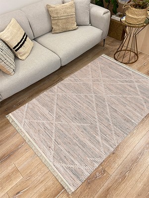 Kilim Home Cotton Serisi Gri Tonlarında Hasır Çizgileri Eskitme Desen Dekoratif Dokuma Taban Kilim