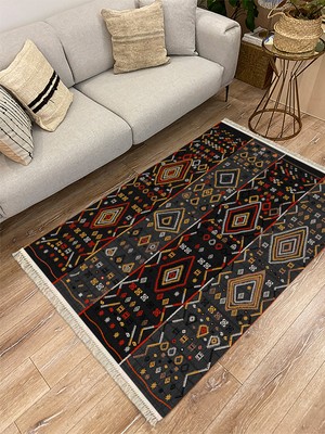 Kilim Home Cotton Serisi Siyah Gri Orta Çağ Motifli Otantik Eskitme Desenli Dekoratif Dokuma Taban Kilim