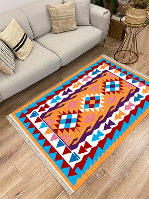 Kilim Home Cotton Serisi Multy Tonlarında Otantik Eskitme Geometrik Desen Dekoratif Dokuma Taban Kilim