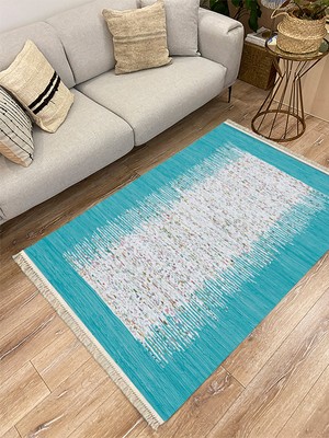 Kilim Home Cotton Serisi Turkuaz Rengi Ortası Su Yolu Eskitme Modern Desen Dekoratif Dokuma Taban Kilim