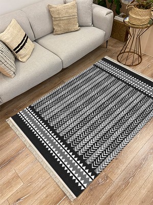 Kilim Home Cotton Serisi Siyah Beyaz Geometrik Etnik Eskitme Desenli Dekoratif Dokuma Taban Kilim