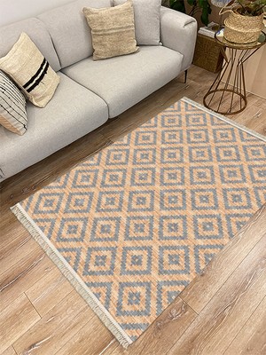 Kilim Home Cotton Serisi Hasır Görünümlü Çıtır Baklava Eskitme Desen Dekoratif Dokuma Taban Kilim