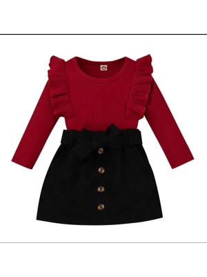 Kids Çocuk Kidscocuk Yeni Sezon Sınırlı Üretim Kız Çocuk Kadife Etekli Kombin Fırfırlı Bluz Takım