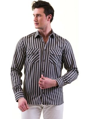 Exve Exclusive Gri Siyah Çizgili Balıksırtı Yünlü Kışlık Cep Detaylı Western Slim Fit Gömlek
