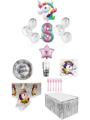 Dipak Unicorn Temalı 8 Yaş Doğum Günü Seti 16 Kişilik