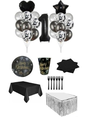 Dipak Siyah/gümüş Renk 1 Yaş Doğum Günü Seti 16 Kişilik