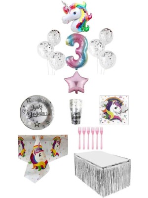 Dipak Unicorn Temalı 3 Yaş Doğum Günü Seti 16 Kişilik