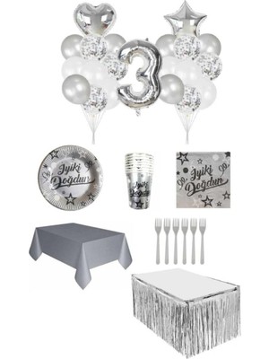 Dipak Gümüş Renk 3 Yaş Doğum Günü Seti 16 Kişilik