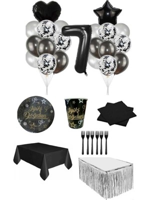Dipak Siyah/gümüş Renk 7 Yaş Doğum Günü Seti 16 Kişilik