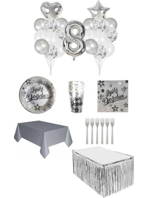 Dipak Gümüş Renk 8 Yaş Doğum Günü Seti 16 Kişilik