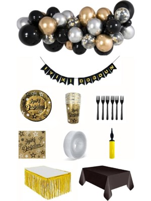 Dipak Siyah/gold/gümüş Renk Doğum Günü Seti 16 Kişilik