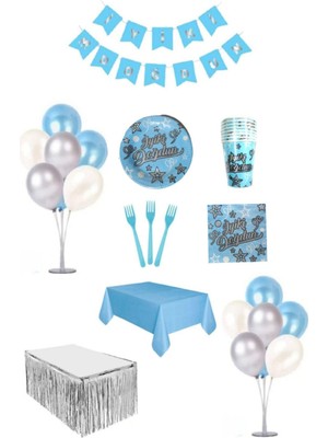 Dipak Mavi/beyaz/gümüş Renk Doğum Günü Seti 16 Kişilik