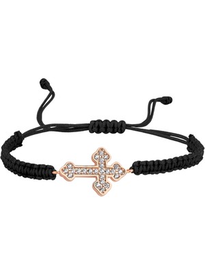 Altın Sepeti Rose Gümüş Siyah Ip Taşlı Haç Bileklik
