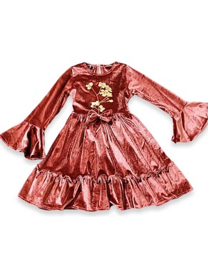 Mixperry Çiçek Detaylı Pudra Renk Kadife Çocuk Elbise Çocuk Kadife Elbise