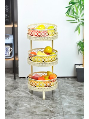 Metal 3 Katlı Sebzelik ve Meyvelik Desenli Krem