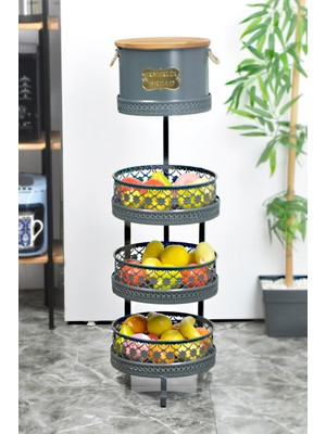 Evistro Doğal Ahşap Ekmeklikli Ferforje Sebzelik ve Meyvelik Desenli Antrasit