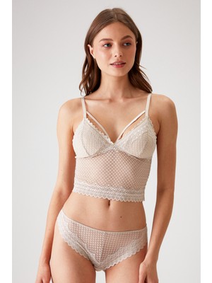 Pierre Cardin Taş Rengi 4831 Pedli Şerit Detaylı Balensiz Dantelli Bralet Sütyen Takım / Iç Çamaşır Takımı