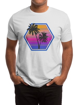 Fizello Retro Style Synthwave Graphic Hexagon Design Beyaz Spor Tişört