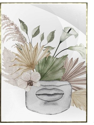 SHOP365 Boho Stil Yarım Yüz Heykel Dudak Palmiye Yaprakları Modern Poster P-000463