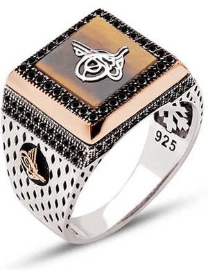 Amberkan Gümüş Kaplan Gözü Taş Üzeri Osmanlı Tuğralı Zirkon Süslemeli Kenarları Tuğralı Kare Model Yüzük