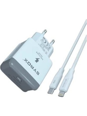 Syrox PD18L Type-C Başlık Iphone Kablolu 18W 3.0A Pd Ev Şarj Aleti (Type-C To Lightning 3.0A Kablo)