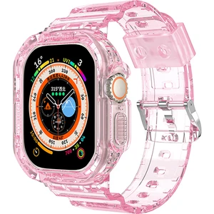 M.TK Moveteck Apple Watch 8 Ultra 49MM Uyumlu Kasalı Kordon 2IN1SET Kasa Korumalı Şeffaf Silikon Gard Kordon Antişok Clear Strap