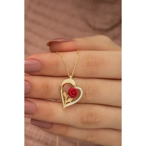 925 Ayar Gold Kırmızı Gül Kalp Kadın Gümüş Kolye