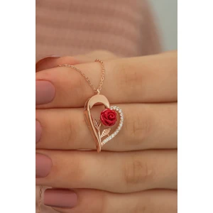 925 Ayar Rose Kırmızı Gül Kalp Kadın Gümüş Kolye