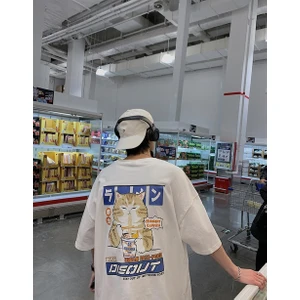 Touz Moda Priatinker Cat Sırt Baskılı Beyaz Oversize T-Shirt