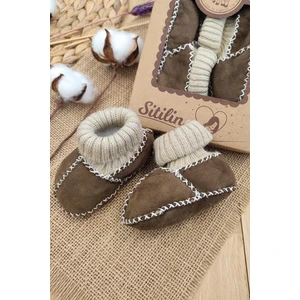 Organik Deri Unisex Bebek Patik Içi Yünlü Doğal Bebek Çorap STL6043