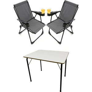2 Adet Kamp Sandalyesi Bardaklıklı Lüks Piknik Sandalye Gri + Katlanır Mdf Masa
