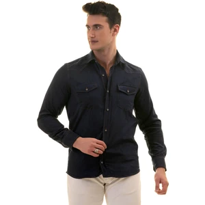 Exve Exclusive Lacivert Süet Çift Cepli Pamuk Western Stil Pamuk Slim Fit Gömlek