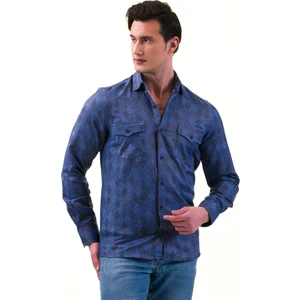 Exve Exclusive Mavi Lacivert Baklava Desenli Yünlü Kışlık Cep Detaylı Western Slim Fit Gömlek