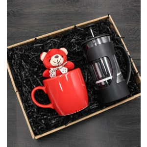 Vega Hediye French Press & Kırmızı Kupa & Kırmızı Mini Peluş Ayıcık Hediye Seti