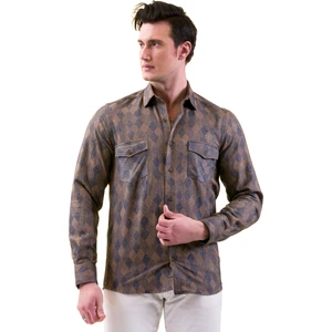 Exve Exclusive Hardal Mavi Baklava Desenli Yünlü Kışlık Cep Detaylı Western Slim Fit Gömlek