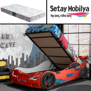 Süpers Rüzgarlıklı Bazalı Arabalı Yatak, Kırmızı + 1 Adet Comfort Yatak