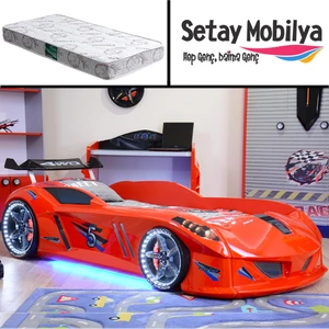 Jaguar Full Ledli Rüzgarlıklı Arabalı Yatak, Kırmızı + 1 Adet Comfort Yatak