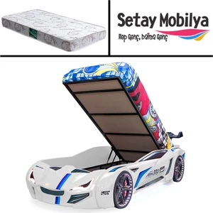 Mercedes Full Ledli Bazalı Arabalı Yatak, Beyaz + 1 Adet Comfort Yatak