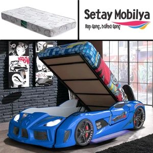 Audi Kapıları Açılabilen Full Ledli Koltuklu Bazalı Arabalı Yatak, Mavi + 1 Adet Comfort Yatak