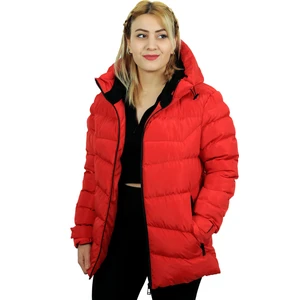 Kadın Kırmızı Kapüşonlu Içi Polarlı Su Geçirmez Rüzgara Dayanıklı Şişme Mont & Kaban & Parka